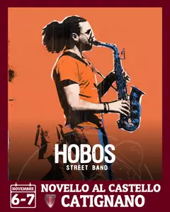 Card dell’Hobos Street Band, con un sassofonista su fondo arancione, 6–7 novembre 2026